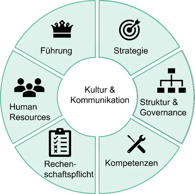 Kreisdiagramm zum Organisational Capacity Building: Im Zentrum steht «Kultur & Kommunikation», umgeben von sechs Segmenten: Führung, Strategie, Struktur & Governance, Kompetenzen, Rechenschaftspflicht und Human Resources – jeweils mit passendem Icon.