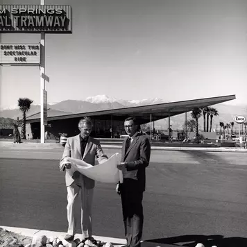 Albert Frey and Culver Nichols at the Tramway Gas Station, Palm Springs, Calif., after 1965.