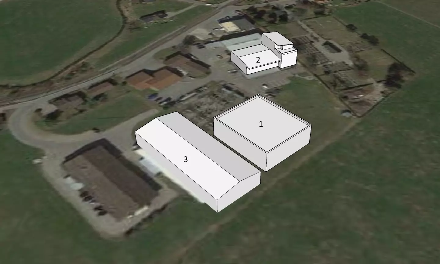 Abbildung 1: Simulation der Blendwirkung anhand der 3D-Darstellung des Rechenzentrum (1) und Käserei (3), die durch Solaranlagen das Wohngebäude (2) blenden können.