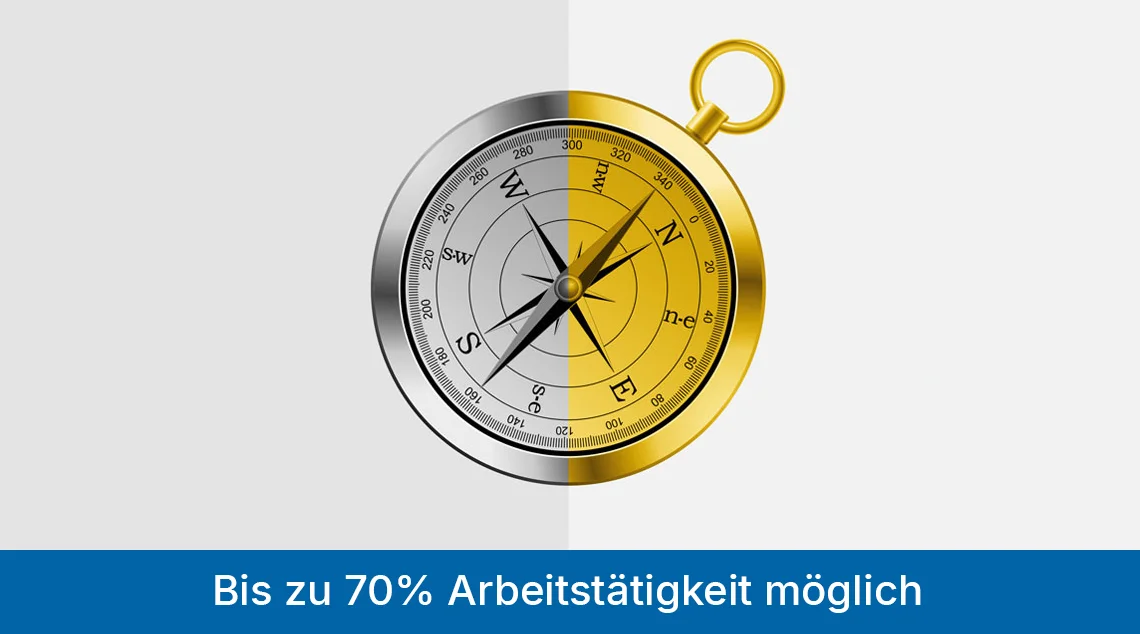 Grafik mit einem Kompass, dessen linke Hälfte silbern und rechte Hälfte goldfarben dargestellt ist. Am unteren Bildrand steht der Hinweis: „Bis zu 70 % Arbeitstätigkeit möglich“.