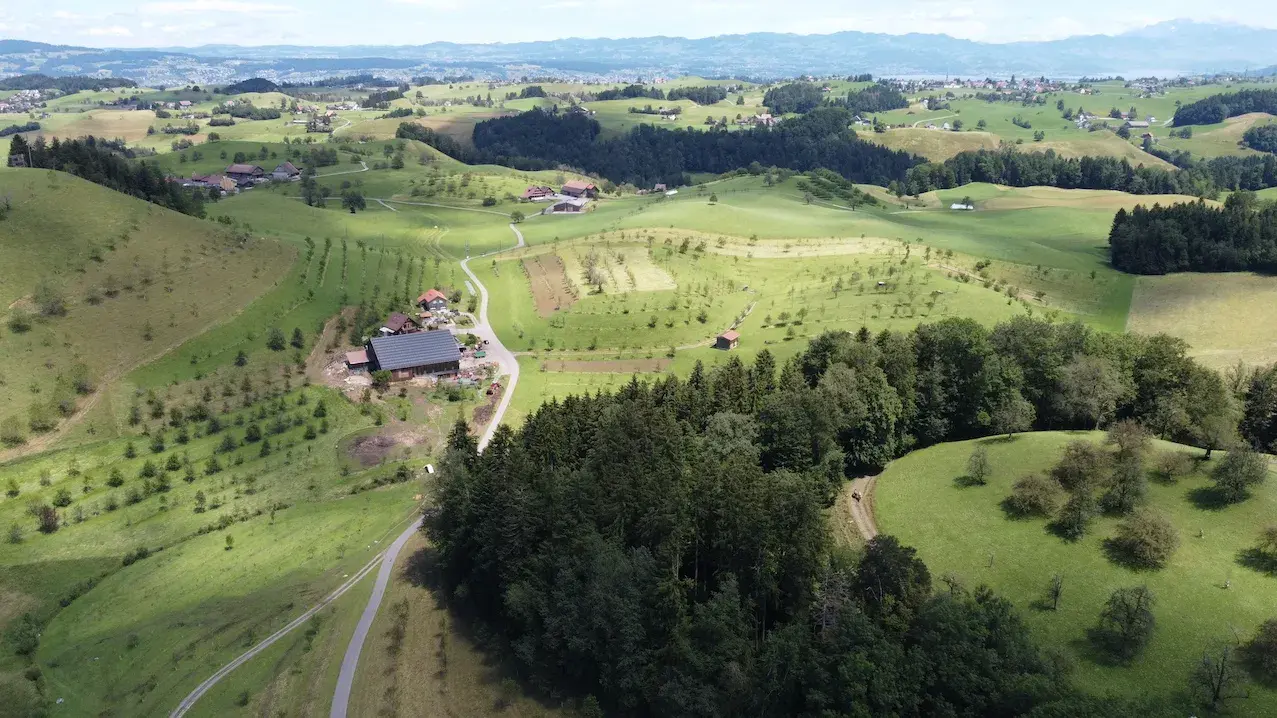 Drohnenaufnahme vom Betrieb «Biooase» in Menzingen ©Florian