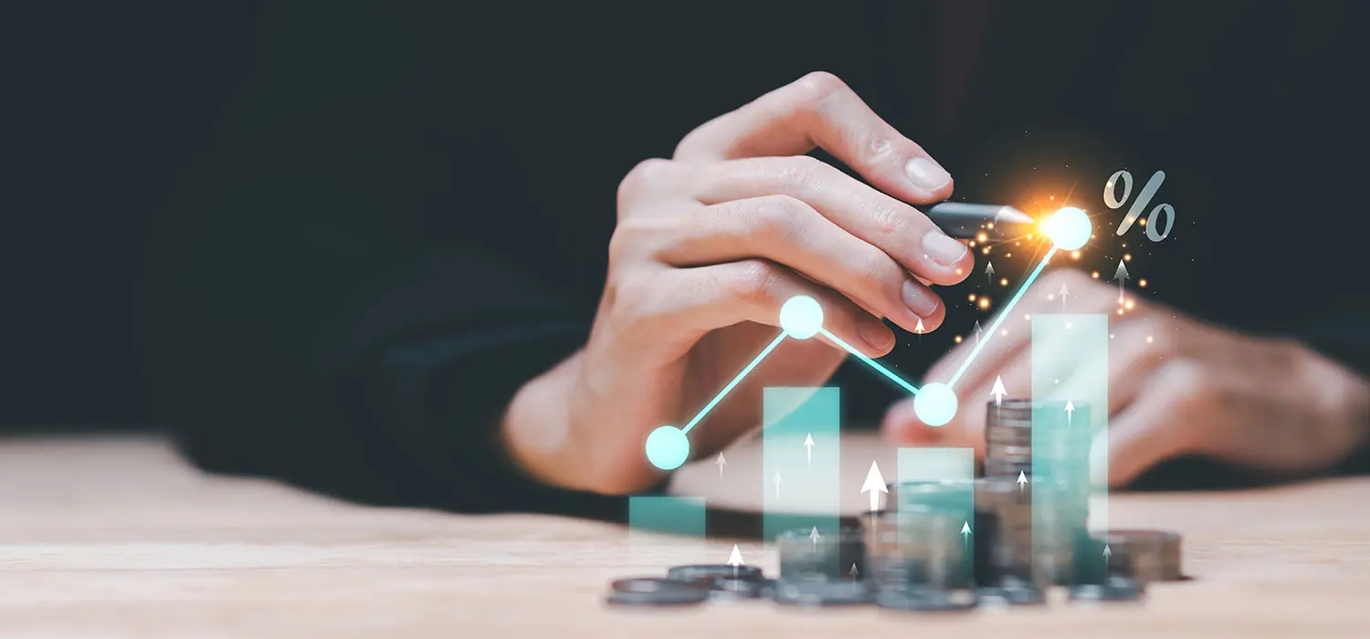 concept interest rates and dividends ,investment growth percentage and interest on deposits ,increase in interest rates ,Retirement returns ,increase of business profits,finance and investment
