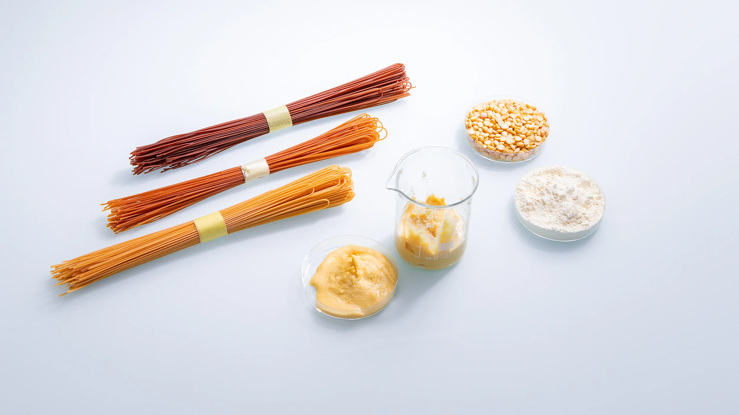 Eine Aufstellung von Pasta aus Gelberbsenmehl, daneben die einzelnen Zutaten dieser Pasta in verschiedenen Glasschalen.