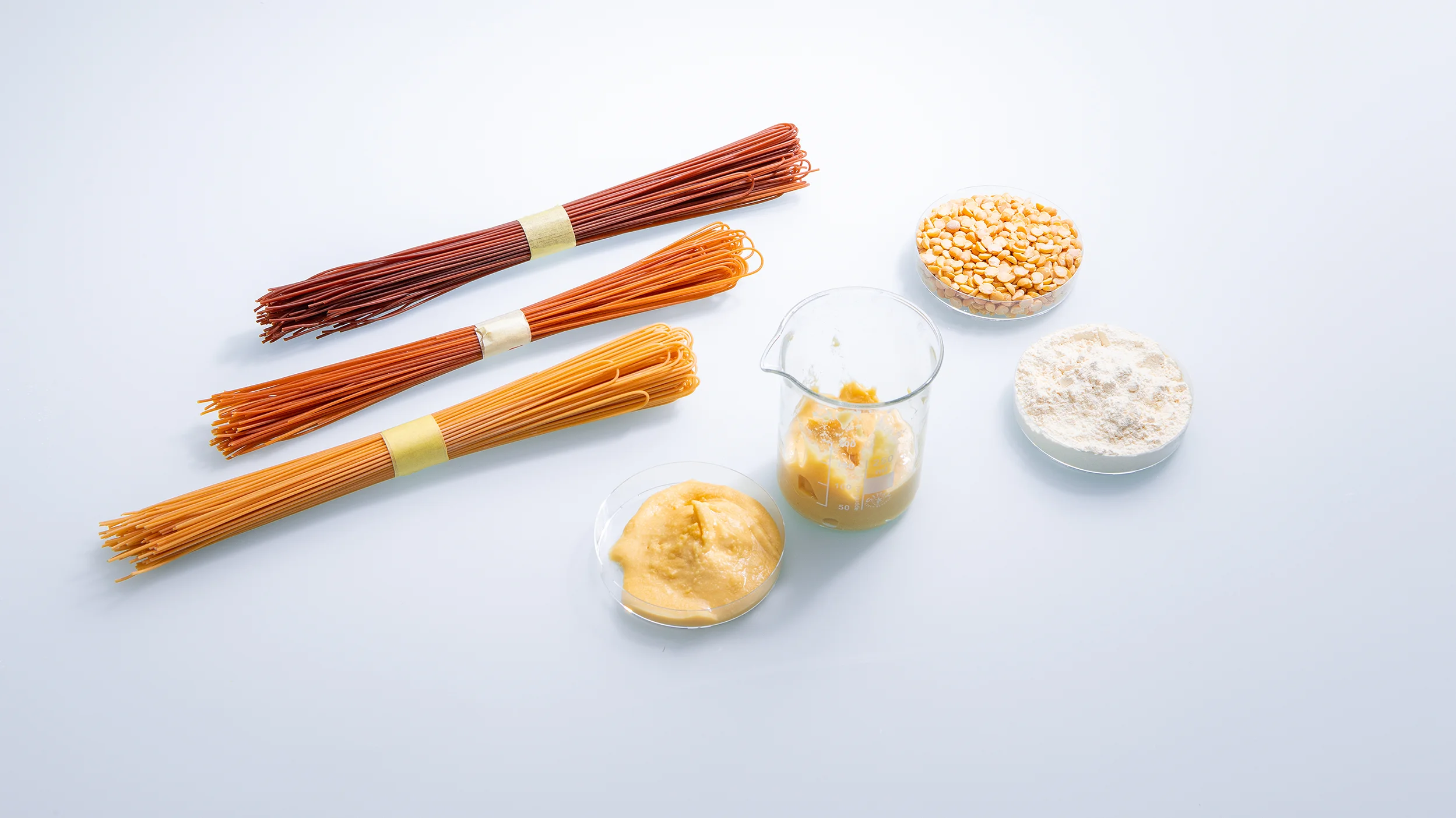Eine Aufstellung von Pasta aus Gelberbsenmehl, daneben die einzelnen Zutaten dieser Pasta in verschiedenen Glasschalen.