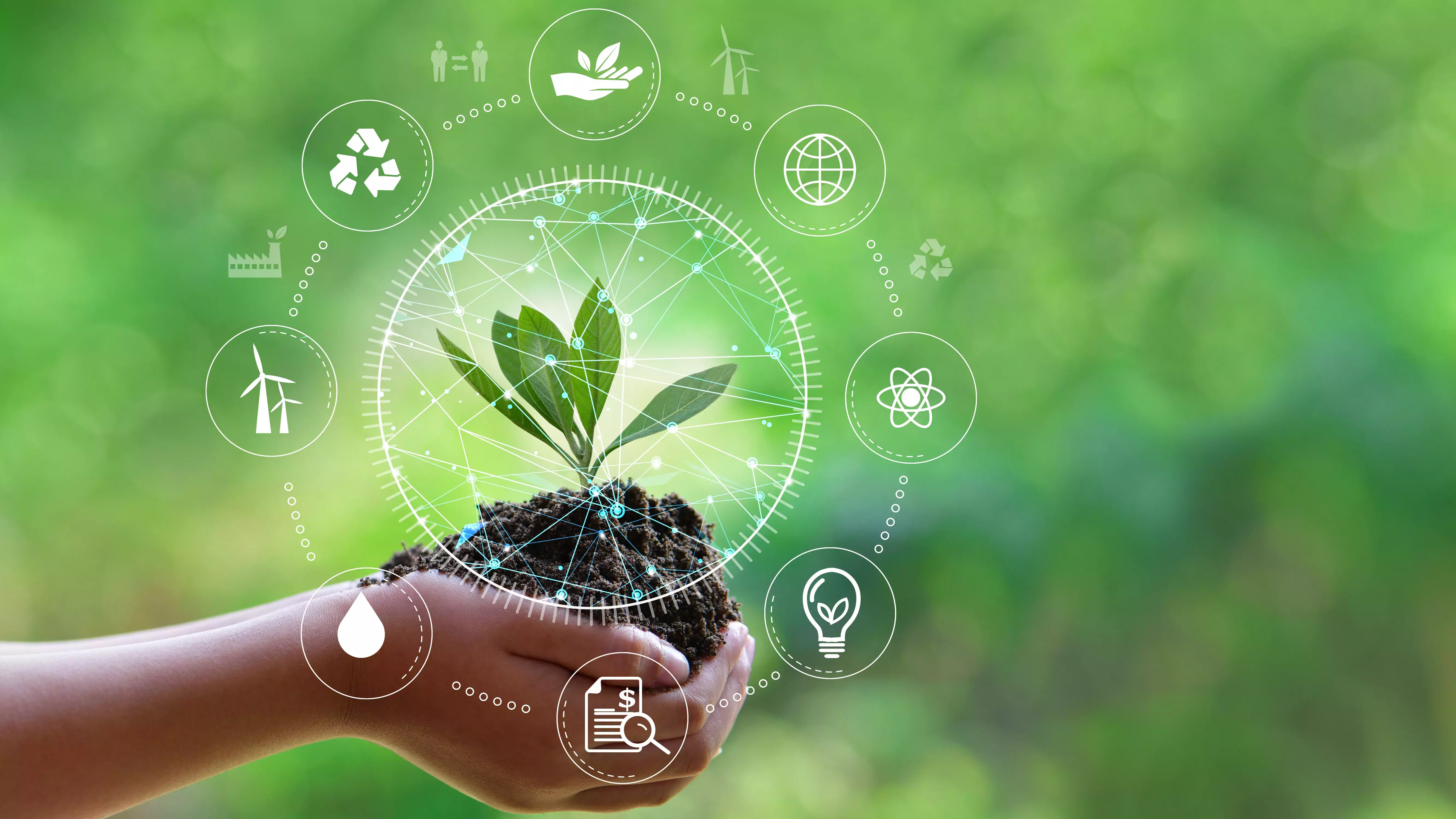 Hand holding green leaf with Net-Zero icons. ESG icon concept circulating in hands for environment,