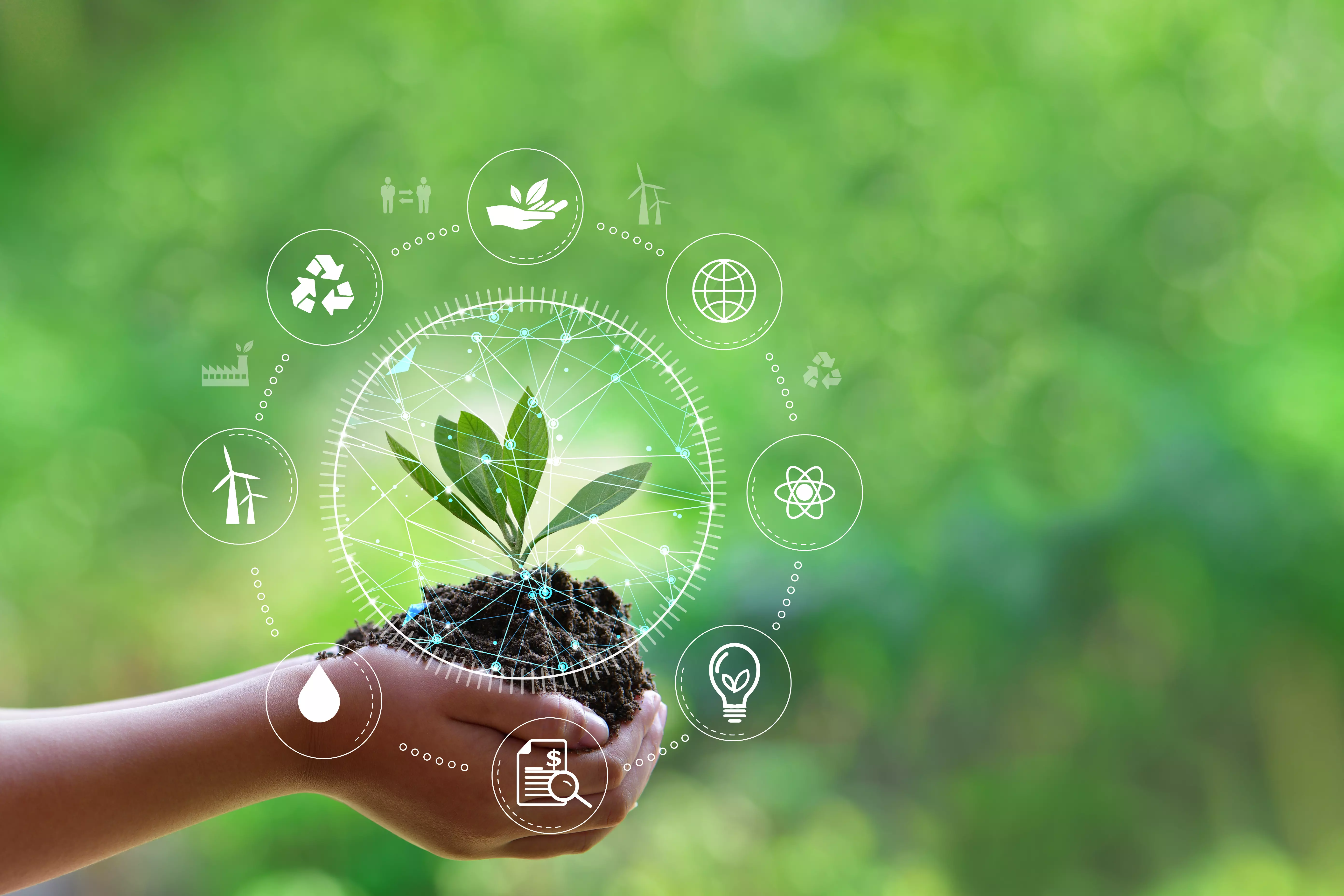 Hand holding green leaf with Net-Zero icons. ESG icon concept circulating in hands for environment,