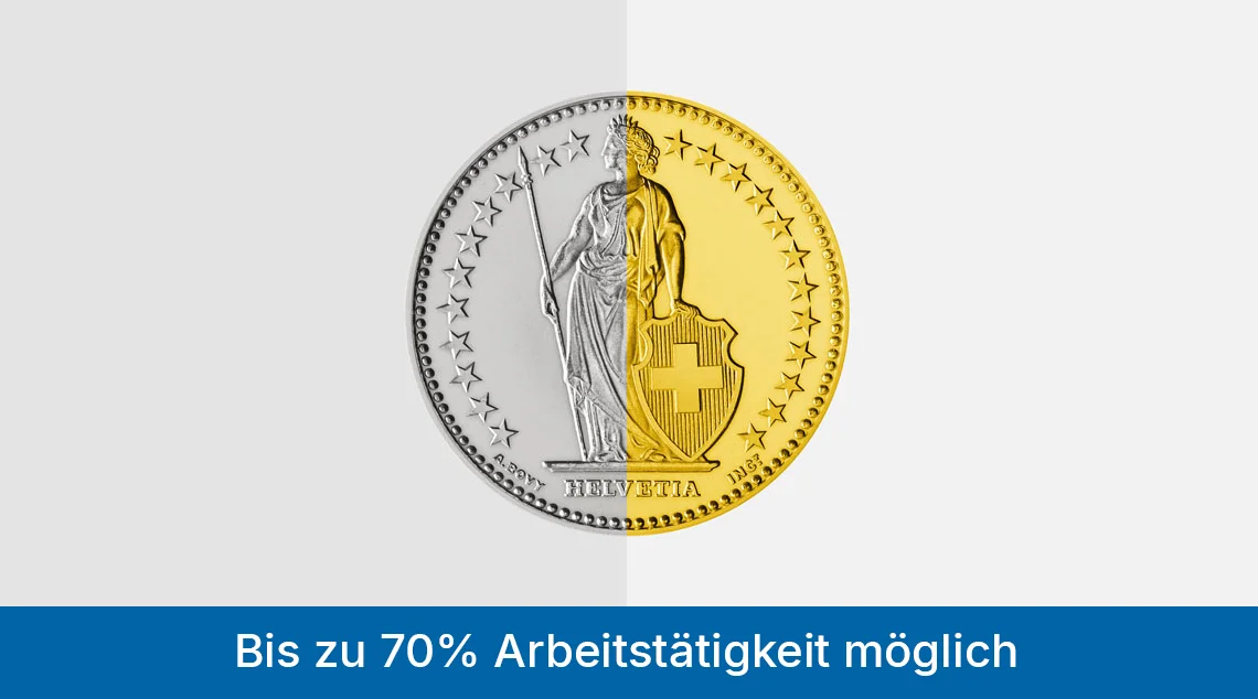 Grafik mit einer mittig platzierten Schweizer Münze, die links silbern und rechts goldfarben dargestellt ist. Am unteren Bildrand steht der Hinweis: „Bis zu 70 % Arbeitstätigkeit möglich“.