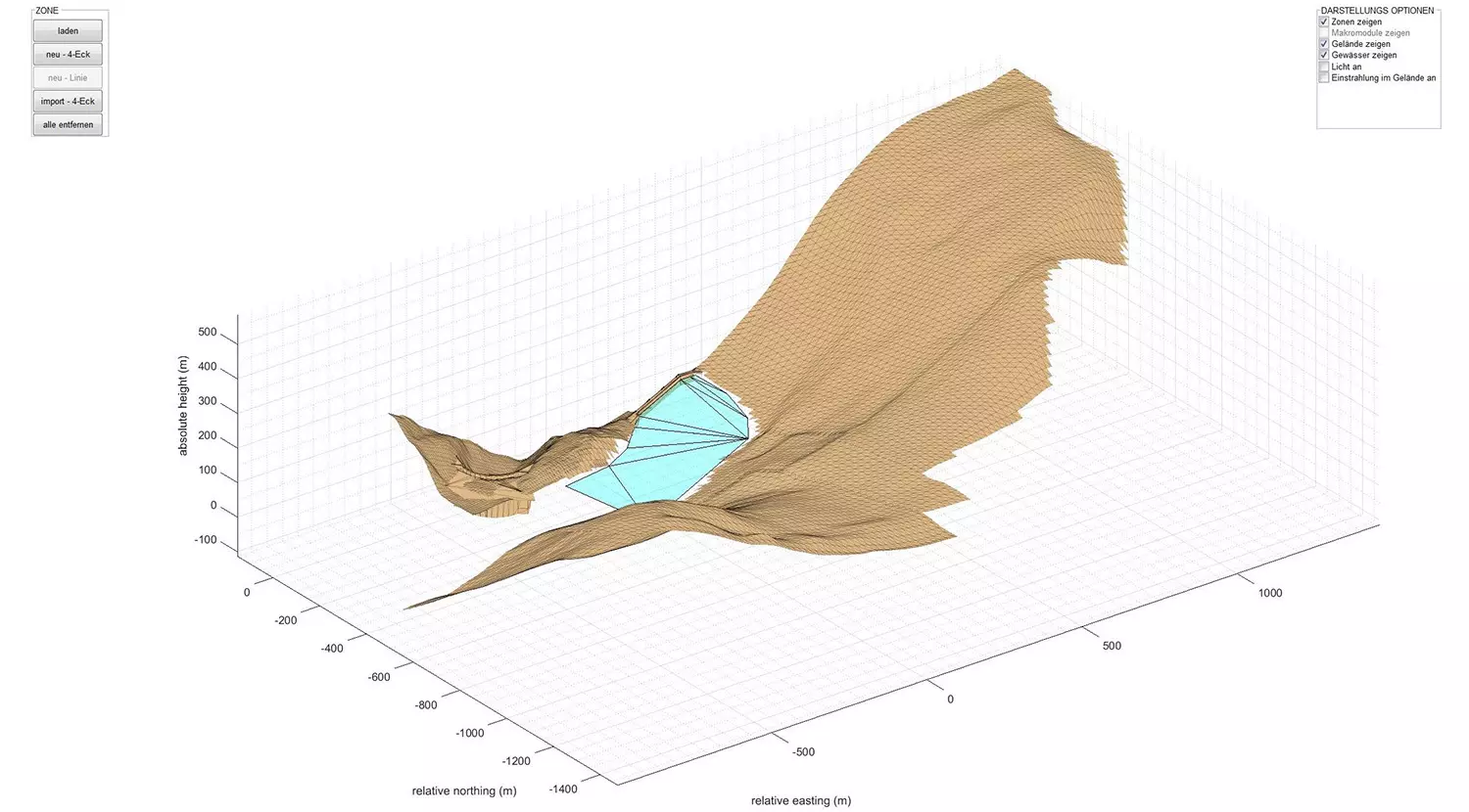 3D-Umgebung und Gewässer in der näheren Umgebung um das Kraftwerkprojekt nach dem Import aus einer 3D-Modellierungssoftware. Vergrösserte Ansicht.