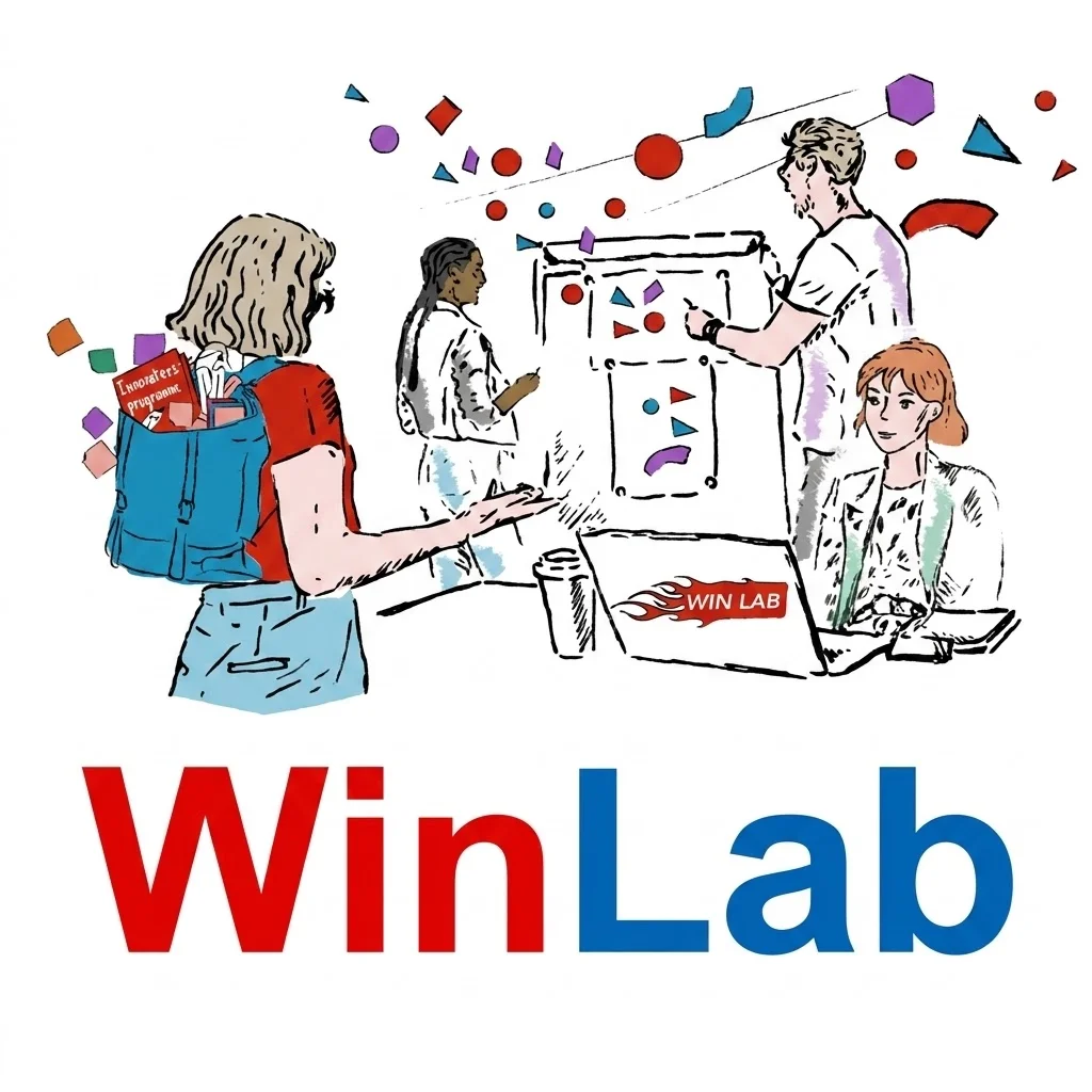 WinLab-Logo: Illustration von vier Personen, die an einem Whiteboard und einem Laptop zusammenarbeiten, umgeben von bunten Konfetti-Formen, darüber der rot-blaue Schriftzug WinLab
