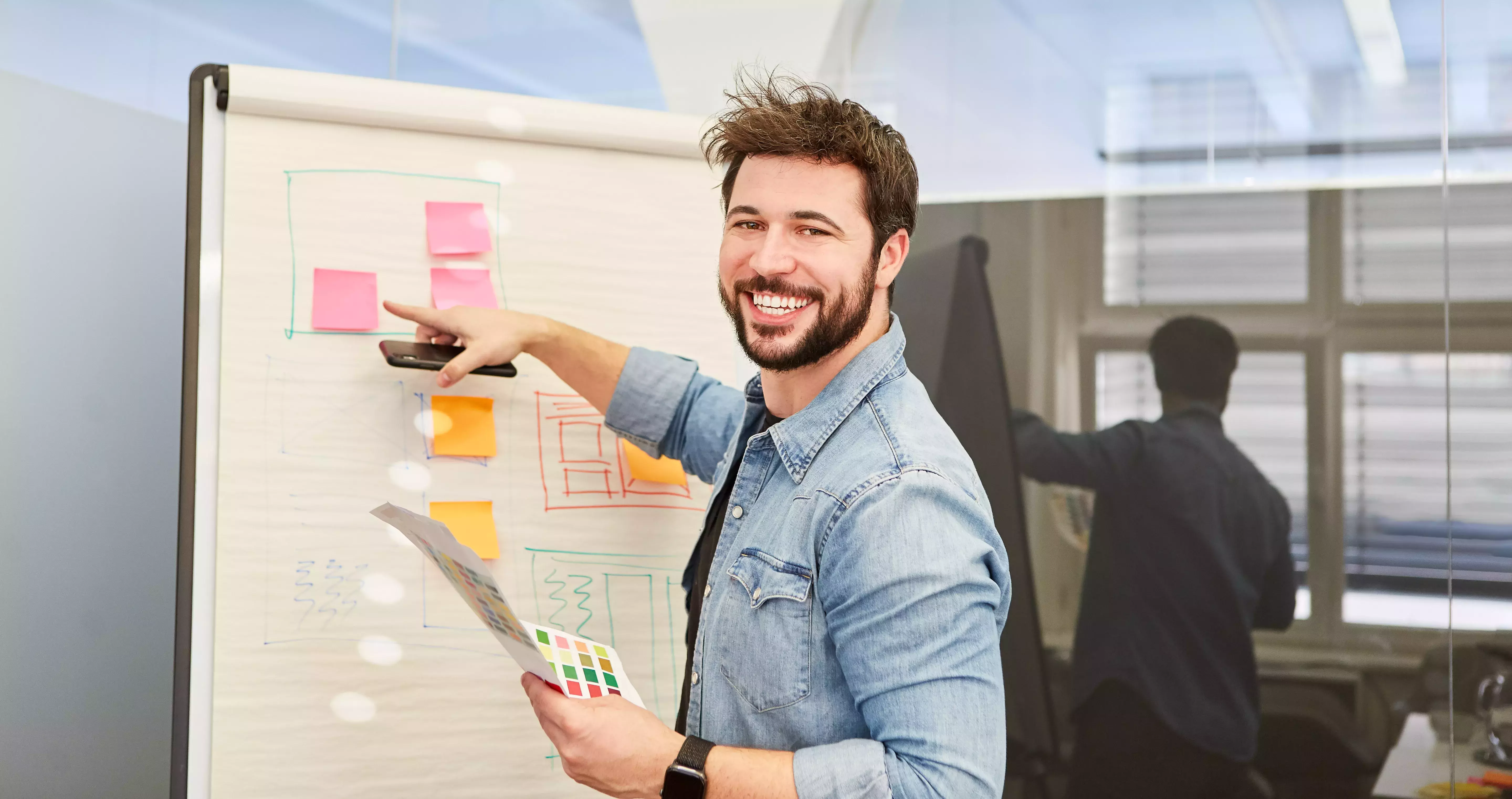 Successful start-up entrepreneur on flipchart