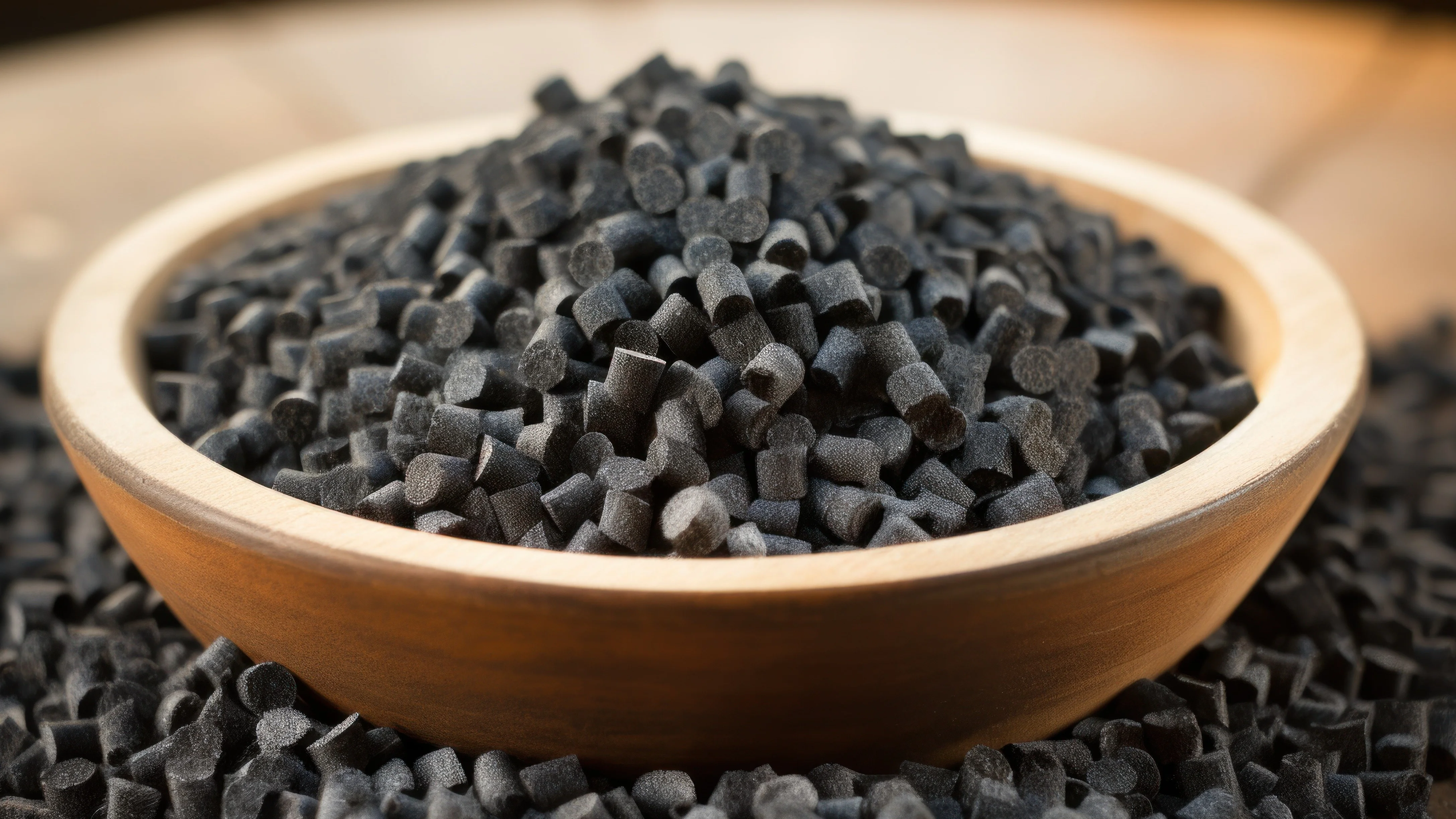 Holzschale gefüllt mit dunklen, zylinderförmigen Pellets, die auch rundherum auf der Unterlage verstreut liegen.