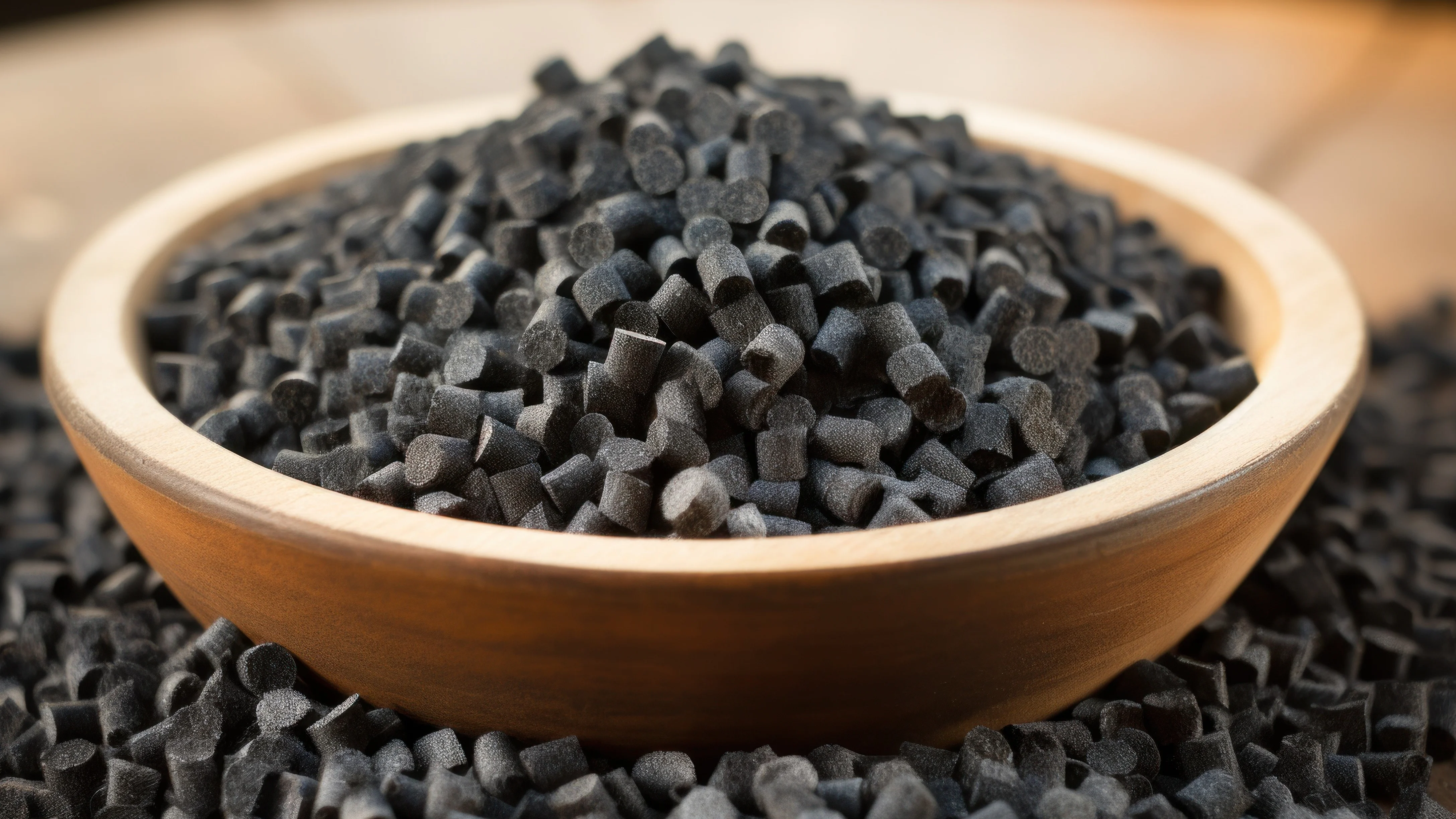 Wooden bowl filled with dark, cylindrical pellets, with more pellets scattered around it on the surface below.