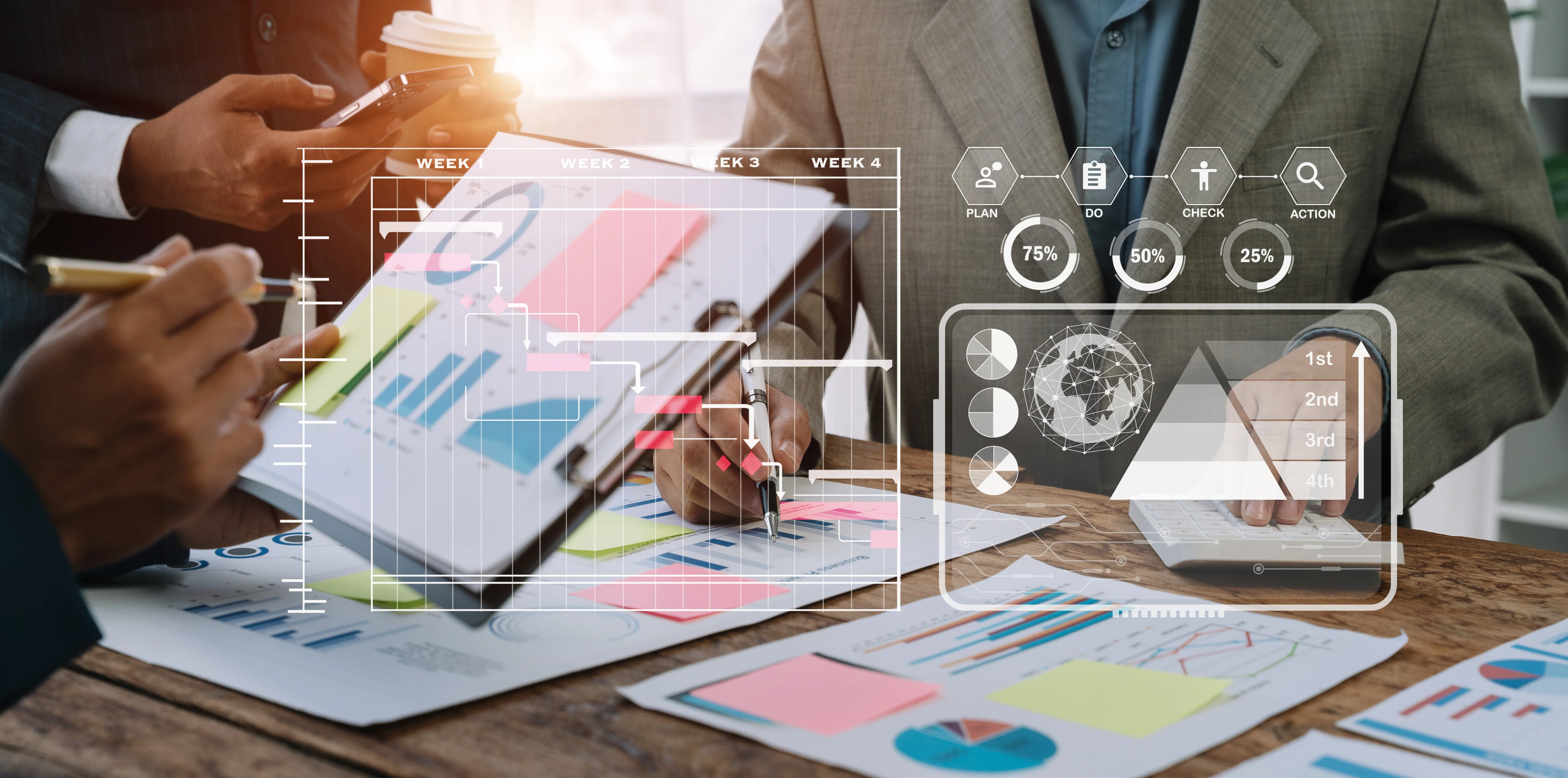 Project manager working and update tasks with milestones progress planning and professional investor working new start up project in the office.