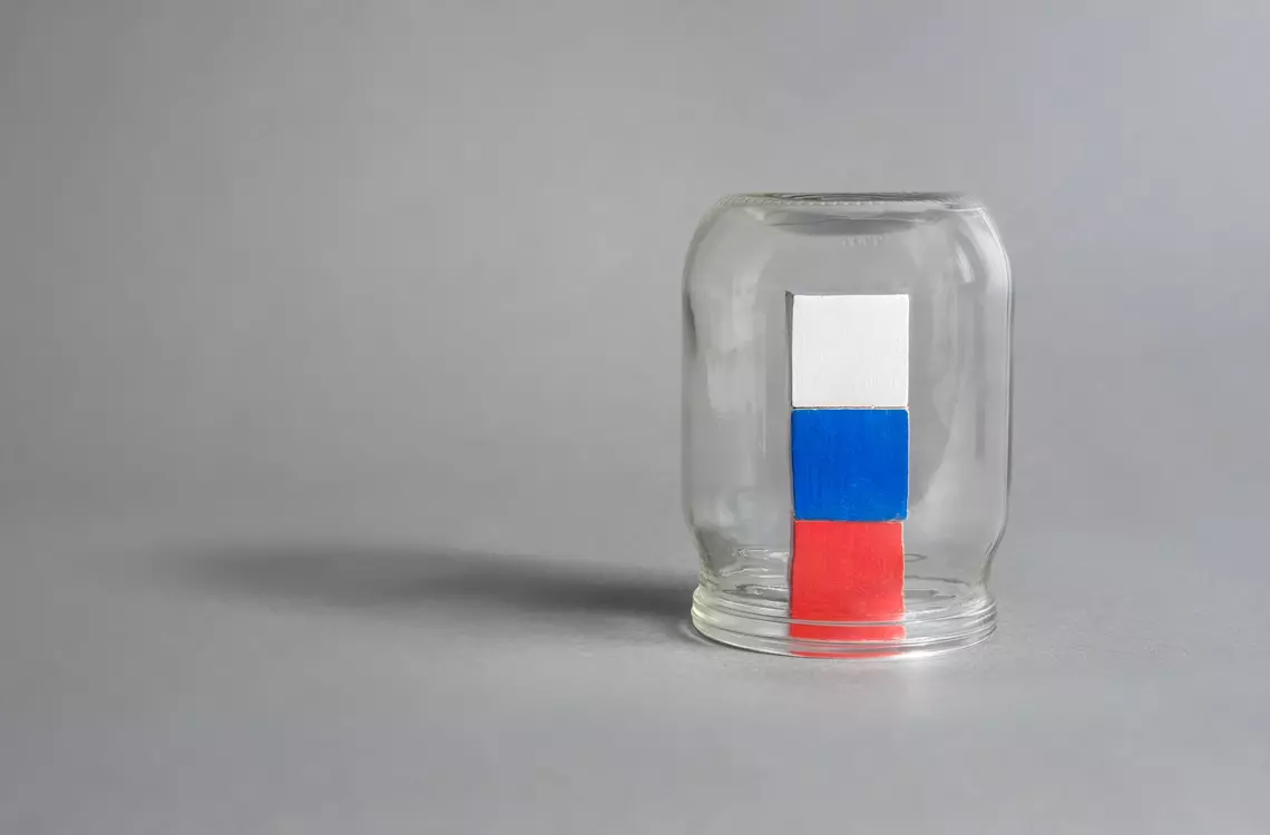 Economic sanctions russia closed in glass jar. World sanctions concept cancel russia economy. Global economic impact concept isolation Russia ban international sanctions restriction. Russian flag sign