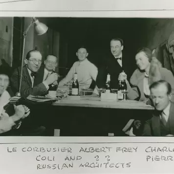 Group portrait of Le Corbusier, Albert Frey, Charlotte Perriand, and others, circa 1928.