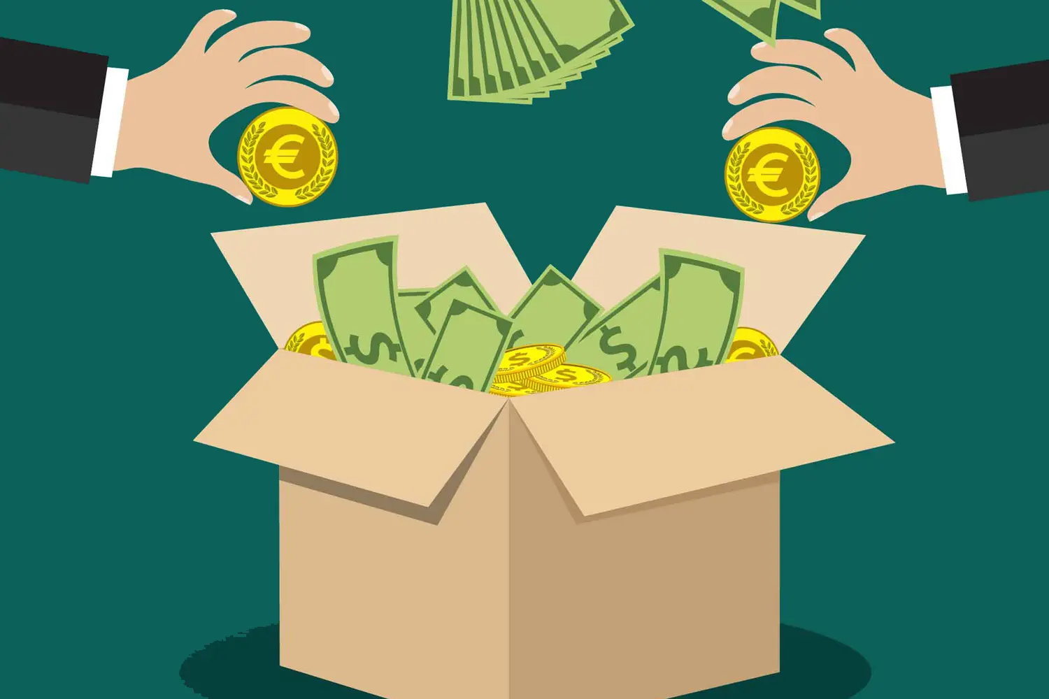 Illlustration einer Kartonschachtel mit der Aufschrift "Crowdfunding". Von links und rechts sieht man Hände, die Geld in die Box werfen.