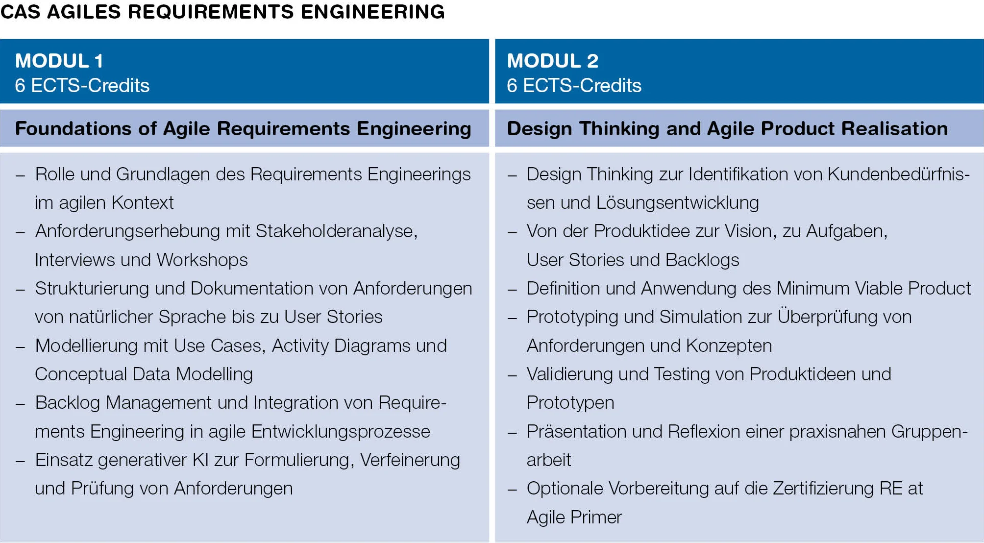 Modulübersicht CAS Agiles Requirements Engineering