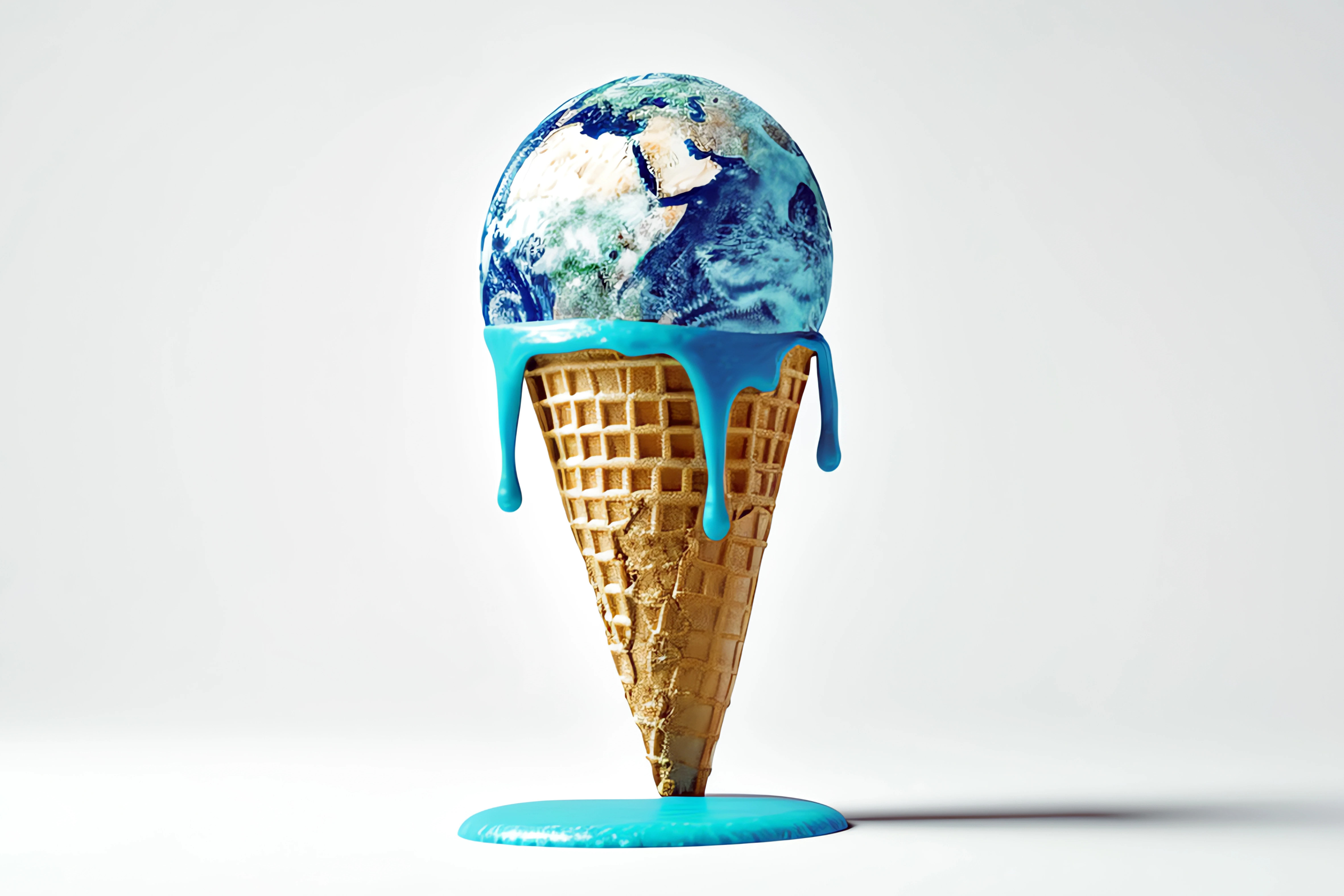 Glacékugel dargestellt mit einer schmelzenden Weltkugel als Symbol für CO2 Fussabdruck und Lebensmittel
