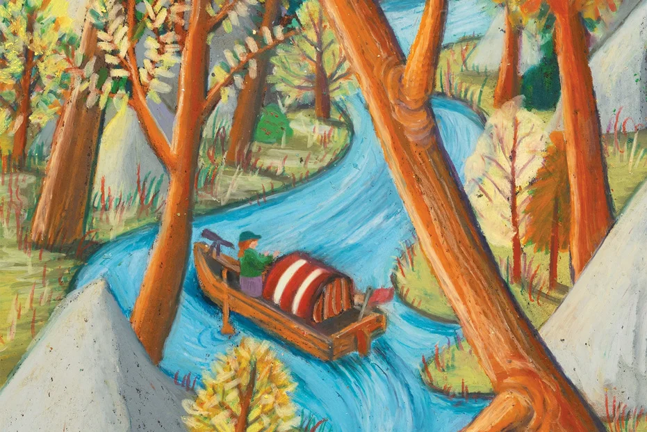 Das Bild zeigt eine Person, die auf einem Boot auf einem mäandrierenden Fluss durch den Wald rudert. Es gibt grosse Felsen und Bäume am Ufer. 