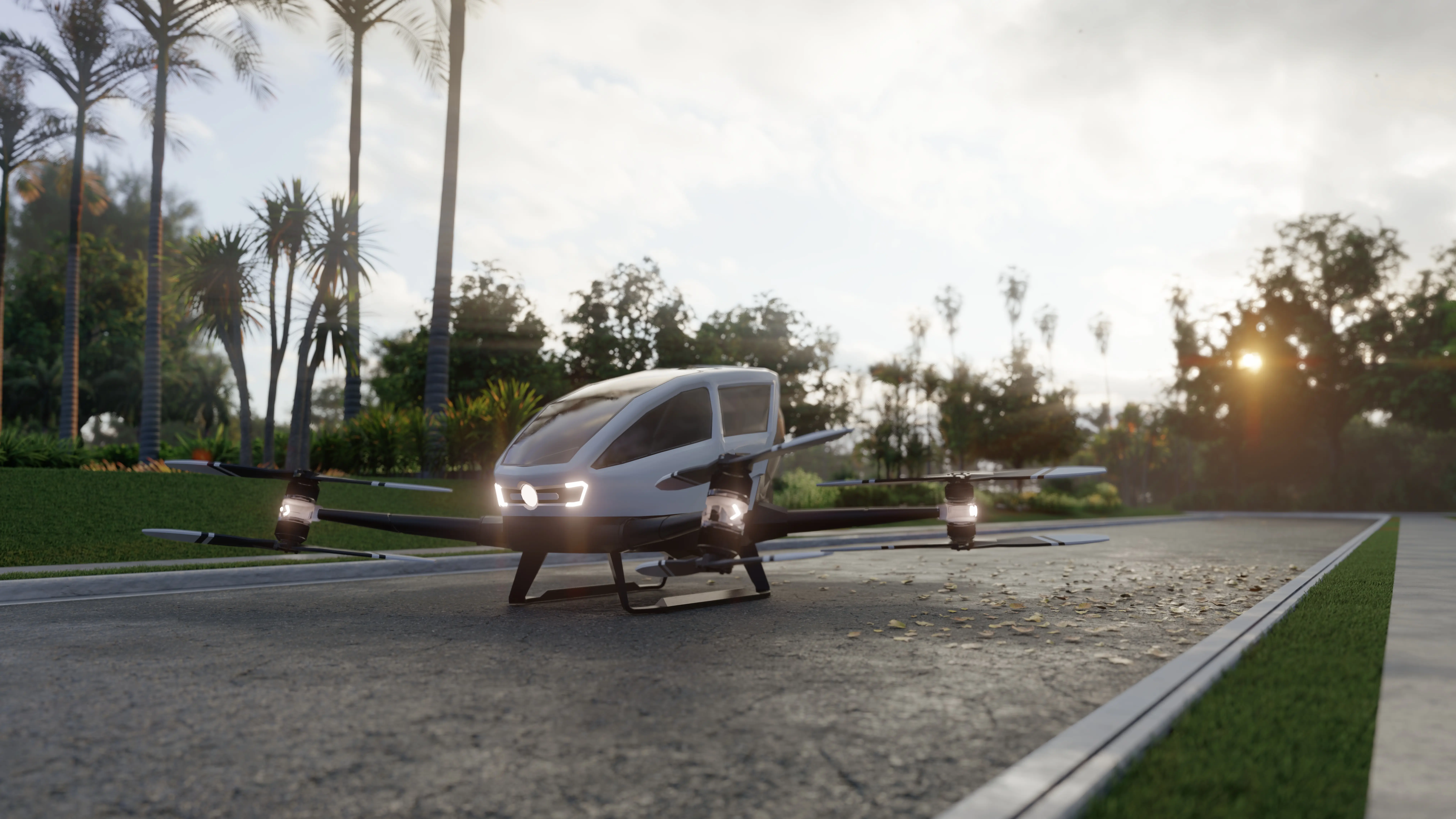 An unmanned passenger air taxi stands on the road waiting for a client. View of an unmanned aerial passenger vehicle. 3D Rendering. An unmanned passenger air taxi stands on the road waiting for a client. View of an unmanned aerial passenger vehicle. 3D Rendering.