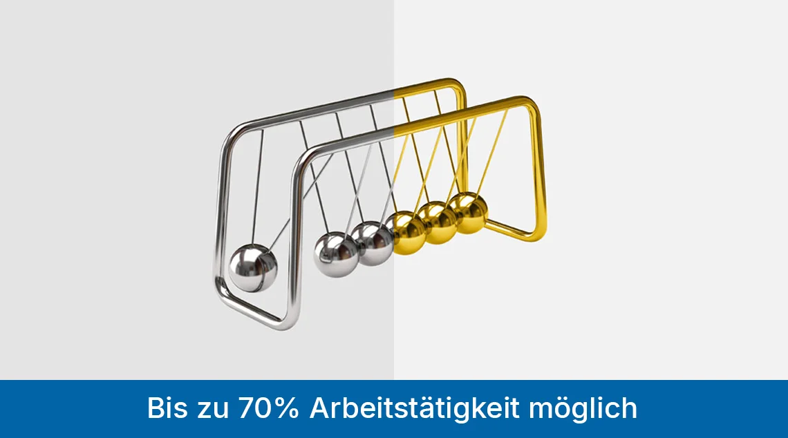 Grafik mit einem Newton-Pendel, dessen linke Hälfte silbern und rechte Hälfte goldfarben dargestellt ist. Am unteren Bildrand steht der Hinweis: „Bis zu 70 % Arbeitstätigkeit möglich“.