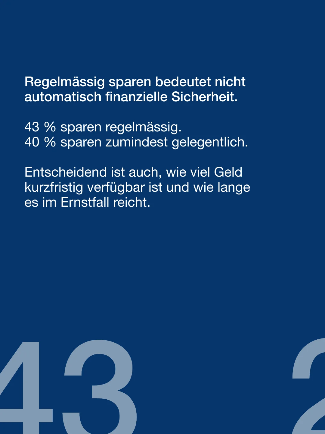 43 % der Befragten sparen regelmässig, 40 % gelegentlich. Regelmässiges Sparen allein garantiert jedoch keine finanzielle Sicherheit bei einem Einkommensausfall.