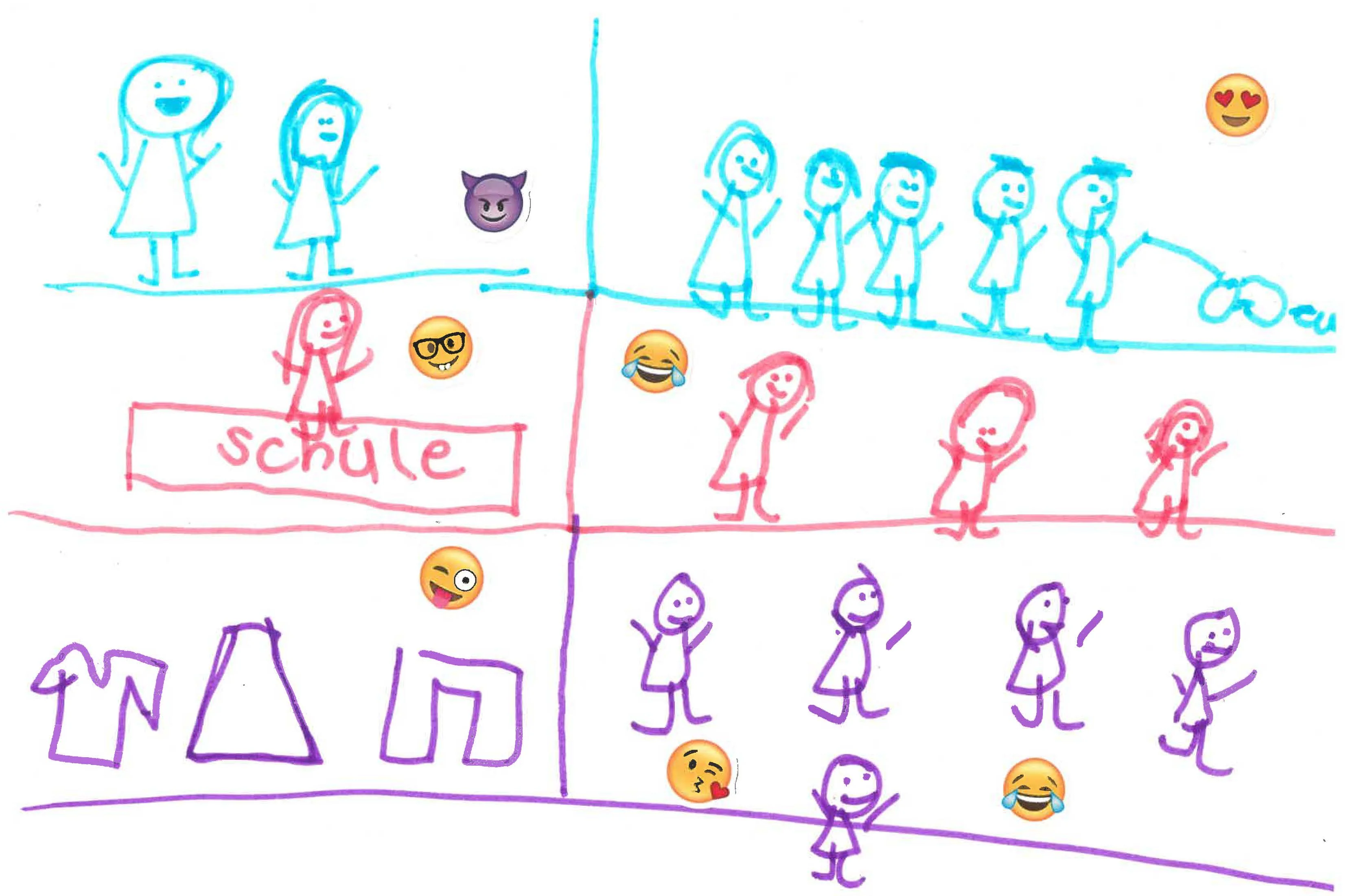 Kinderzeichnung mit Kindern und Erwachsenen abgebildet