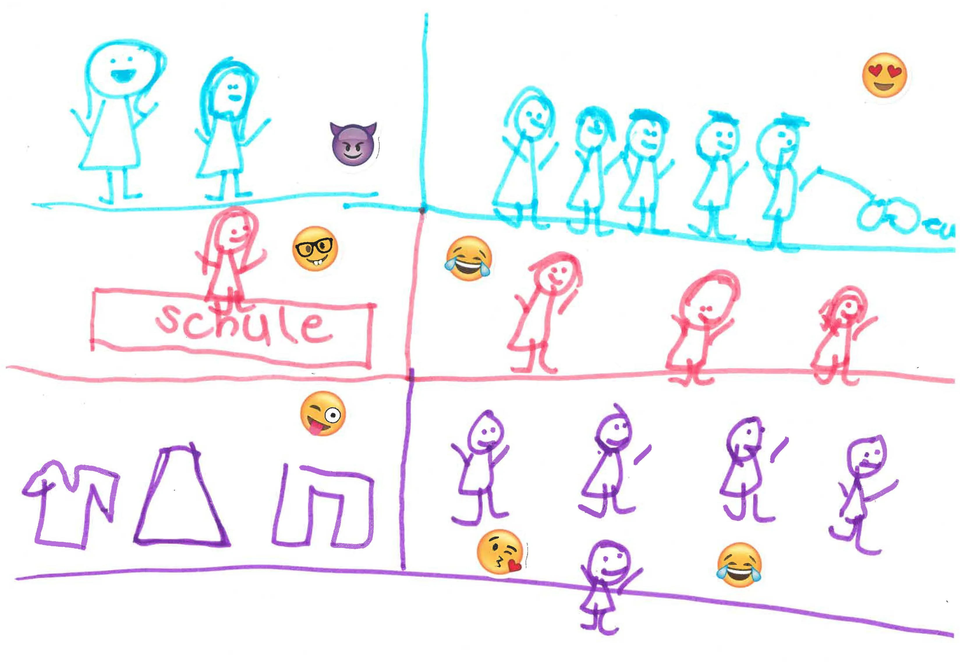 Kinderzeichnung mit Kindern und Erwachsenen abgebildet