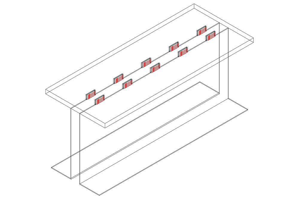 Drahtmodell des Carbonträgers mit Betonplatte mit der untersuchten Verbundschubspannung
