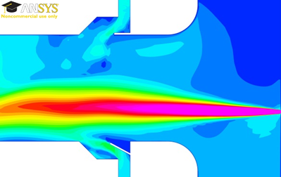 In this figure, the building nozzle jet is shown as the result of a flow simulation (CFD).