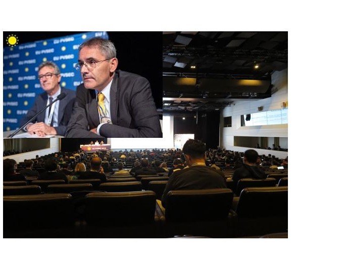 Das Foto zeigt eine Aufnahme von Baumgartner an der EUPVSEC 2018 und einen Ausschnitt des Konferenzsaals. 