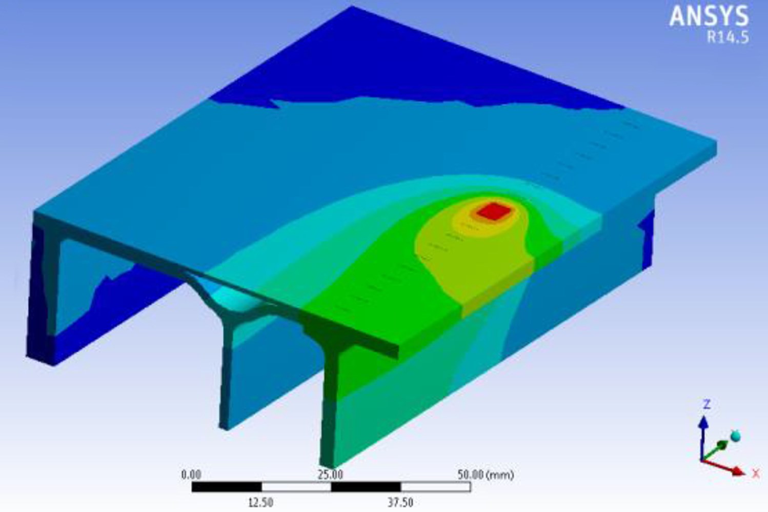 Die Simulation zeigt den Wärmeeintrag beim Rührreibschweissprozess (rote Fläche = FSW-Werkzeug im Eingriff).