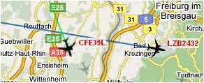 Screenshot von AirTrafficLIVE: Flugzeuge mit Spur und Bezeichnung (=Call Sign)