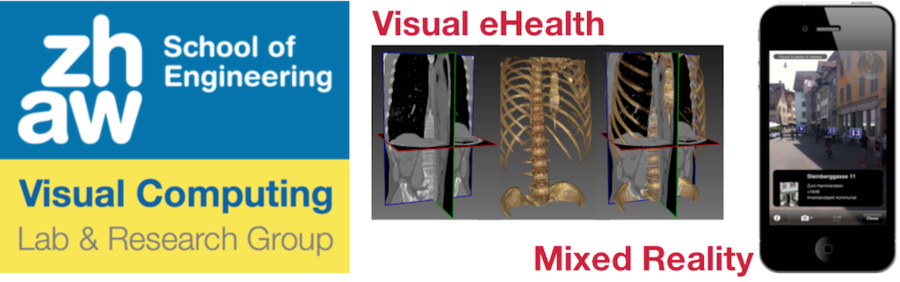 3 Bilder: Logo des Visual Computing Labs, Visual Health: 3D-Modell aus MRI-Bilder kombiniert mit Skelett, Mixed Reality: Liveansicht der Kamerabildes überlagert mit Zusatz-Informationen