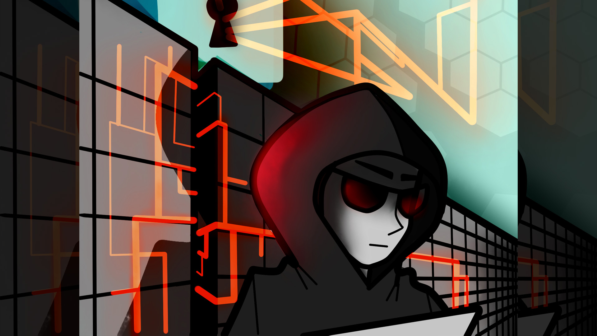 Hacker mit weisser Gesichtmaske im Hintergrund des Firewalls