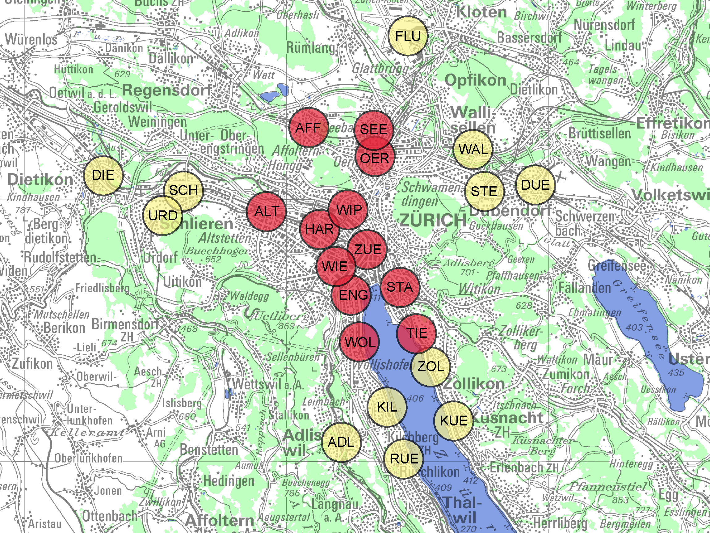 Kartenausschnitt mit Hubs in der Stadt Zürich und weitere zwölf in der Agglomeration.