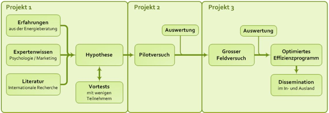 Im Projekt 1 werden Erfahrungen aus der Energieberatung, Expertenwissen aus Psychologie und Marketing und Literatur (internationale Recherche) einbezogen, um eine Hypothese zu bilden. In die Hypothese fliessen auch Vortests mit wenigen Teilnehmern ein.