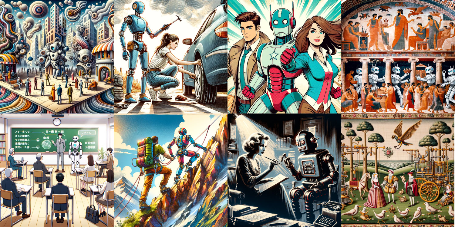 Collection of 8 fictional images of friendly interactions between humans and robots. Varying colour schemes and drawing styles are applied. All images were generated by a program using artificial intelligence.