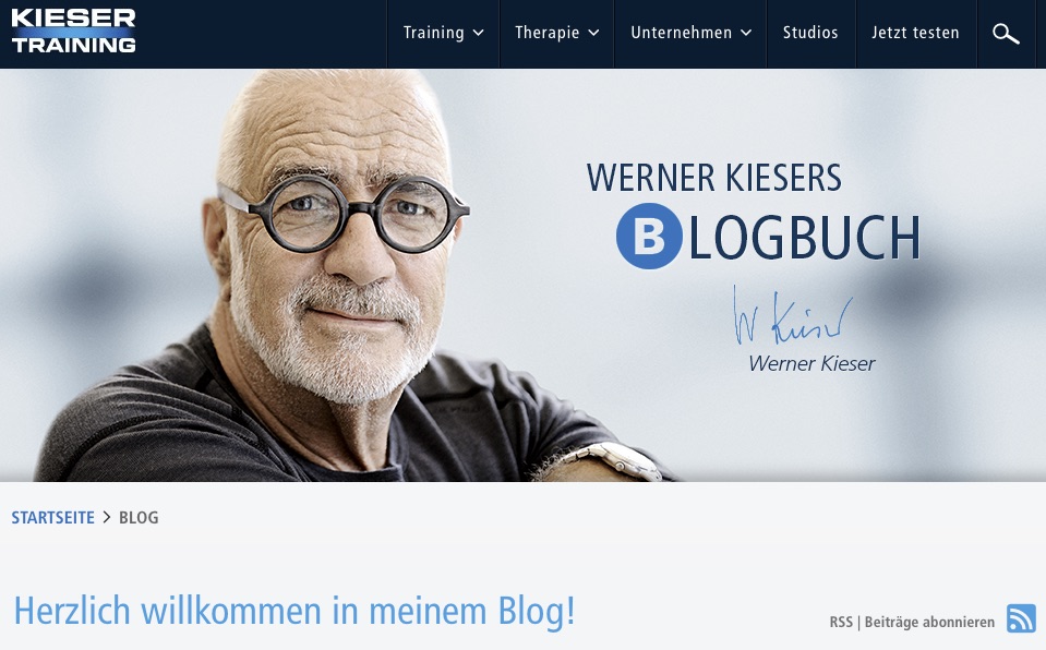 Eine Bildschirmaufnahme von Werner Kiesers Blog mit seinem Foto und den Worten "Herzlich willkommen auf meinem (B)LogBuch