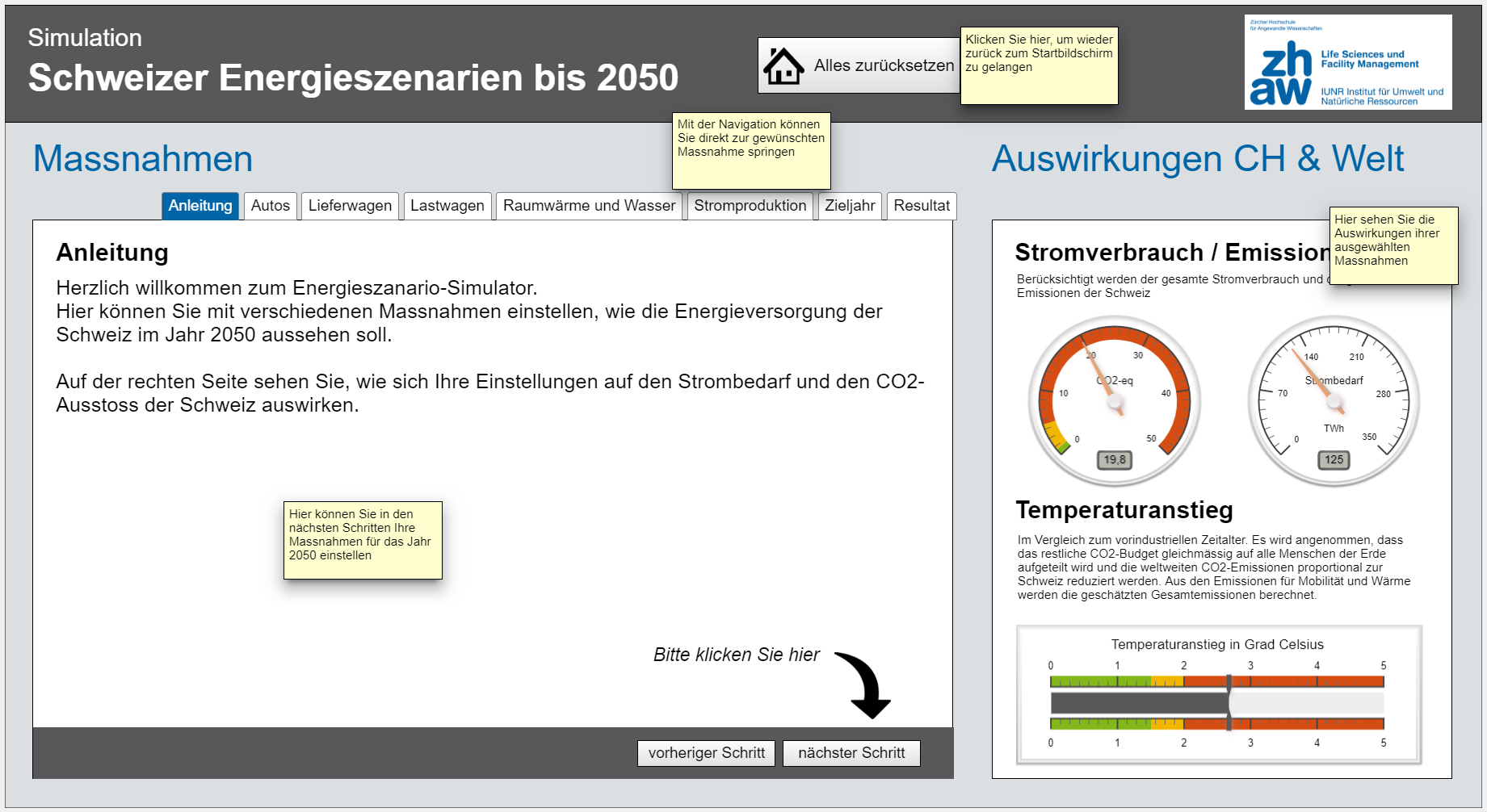 Screenshot des Dekarbonisierungsrechners (Startseite)