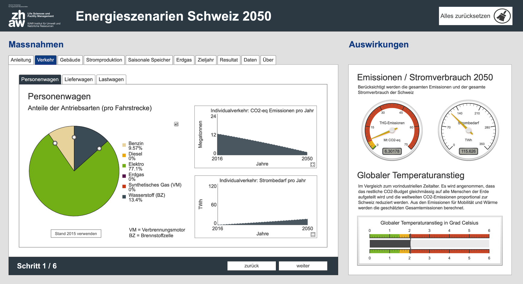 Screenshot des Dekarbonisierungsrechner. Am Dekarbonisierungsrechner lässt sich interaktiv simulieren, wie das Energiesystem der Schweiz in Zukunft aussehen könnte.