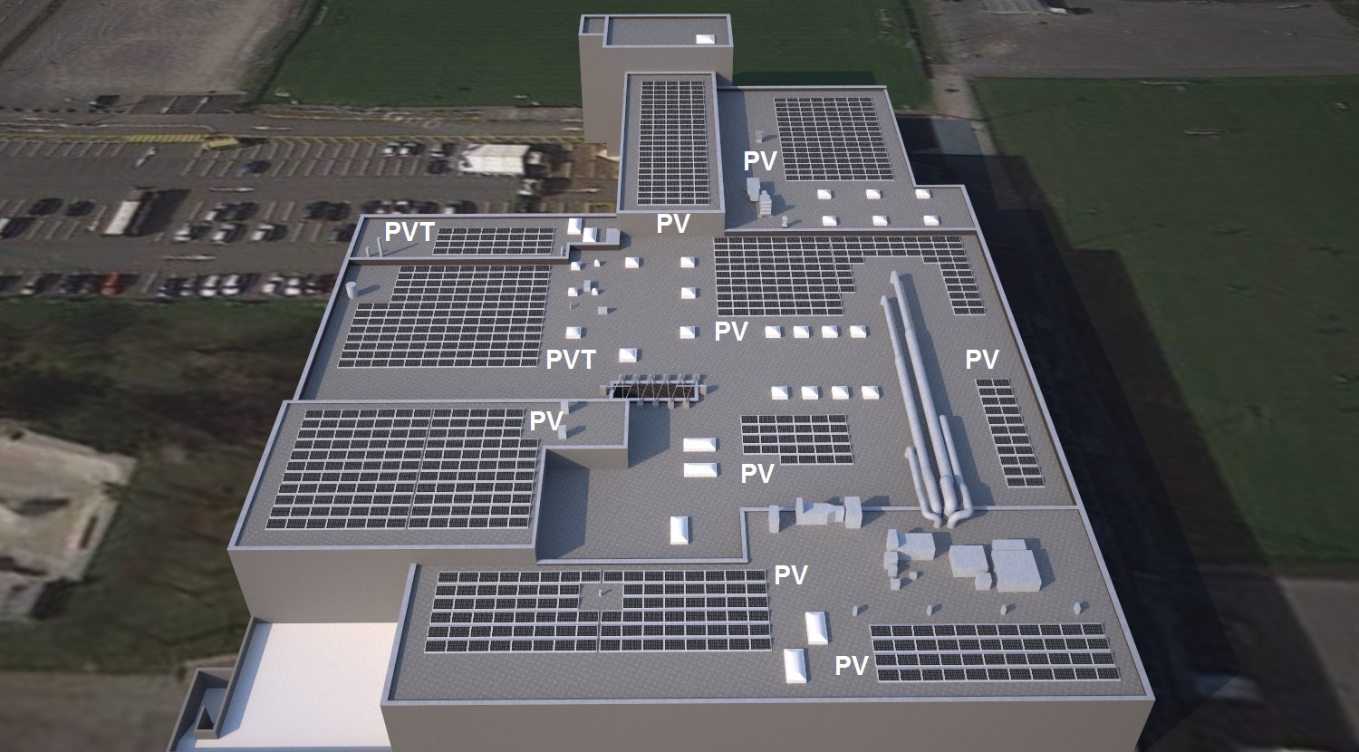 Solarkraftwerk auf der linth-arena sgu in dem von der Fachgruppe Solartechnik erstellten 3D-Modell