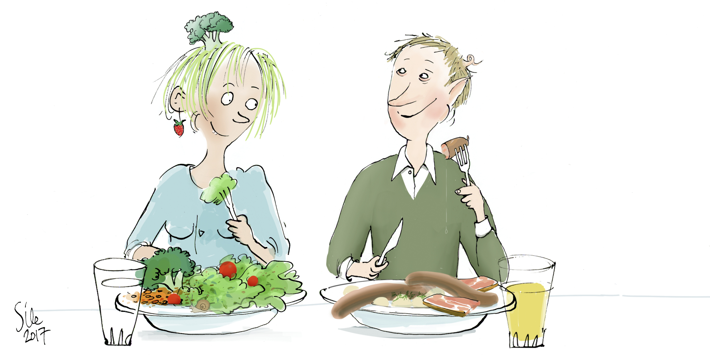 Das Comic-Bild zeigt eine Frau, die vor allem pflanzliche Produkte ist und einen Mann, der hauptsächlich Fleisch isst.