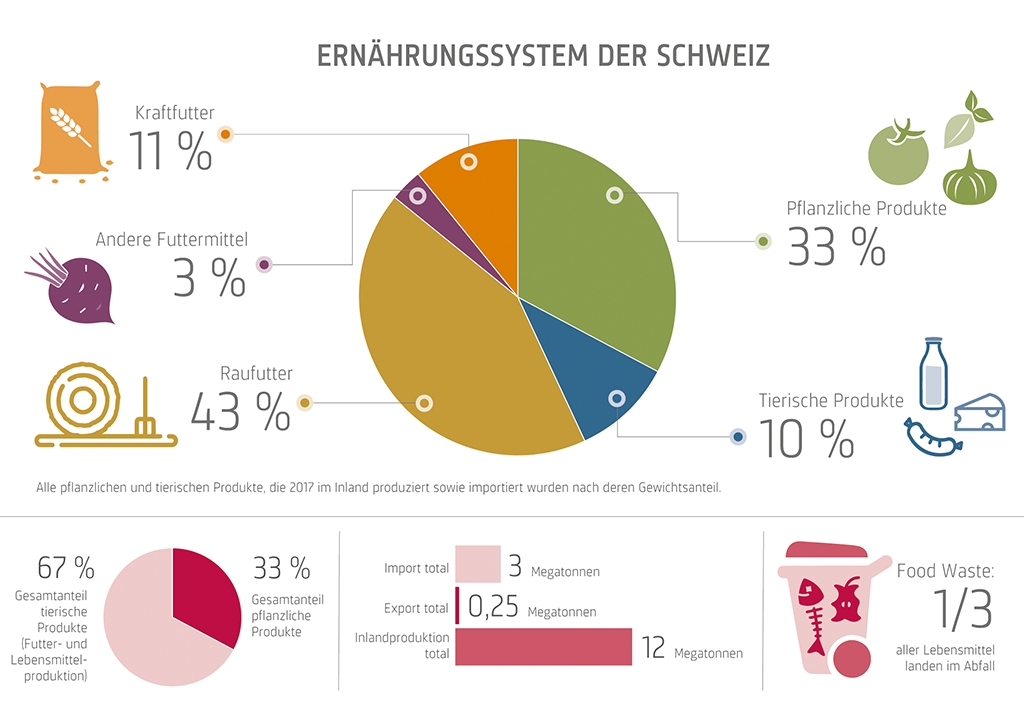 Eine Grafik, die zeigt, dass in der Schweiz viel Futtermittel produziert, viel tierische Nahrungsmittel konsumiert und ca. 1/3 der Nahrungsmittel weggeworfen werden.