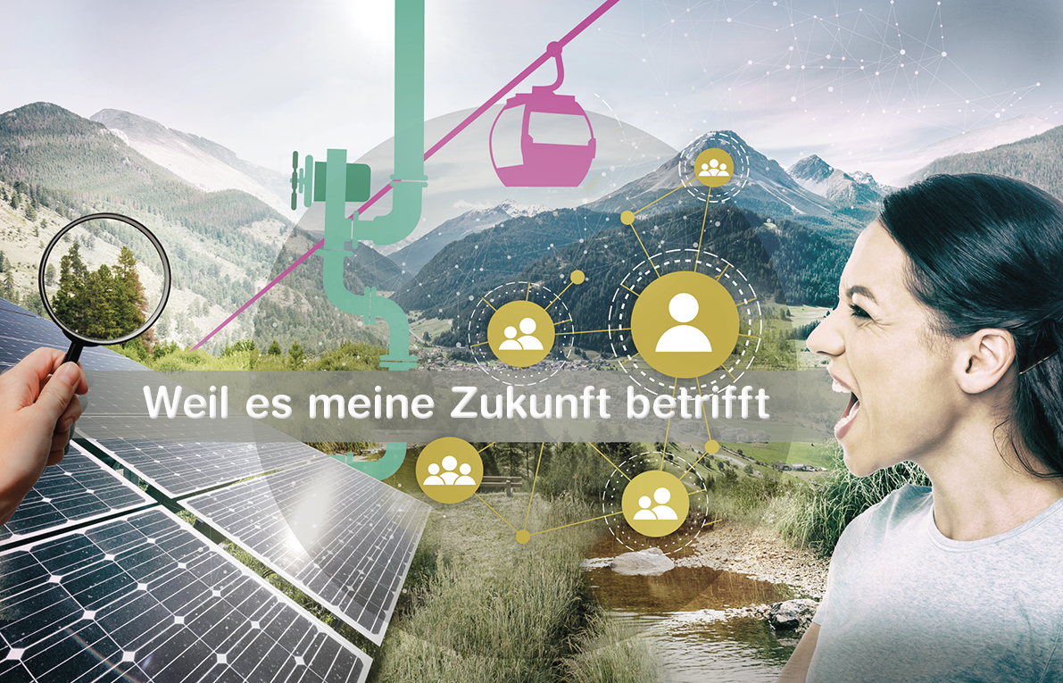 Eine Frau sagt, dass es ihre Zukunft betrifft. Im Hintergrund sieht man eine Solaranlage, eine Hand mit einer Lupe, eine Seilbahn, Rohre, Schweizer Berglandschaften, Felder und ein Netzwerk aus Personen. 