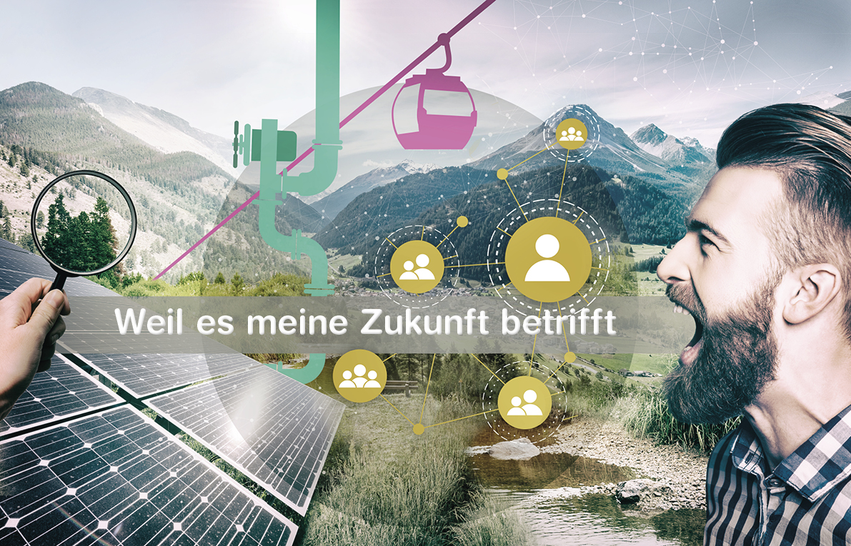 Ein Mann sagt, dass es seine Zukunft betrifft. Im Hintergrund sieht man eine Solaranlage, eine Hand mit einer Lupe, eine Seilbahn, Rohre, Schweizer Berglandschaften, Felder und ein Netzwerk aus Personen. 