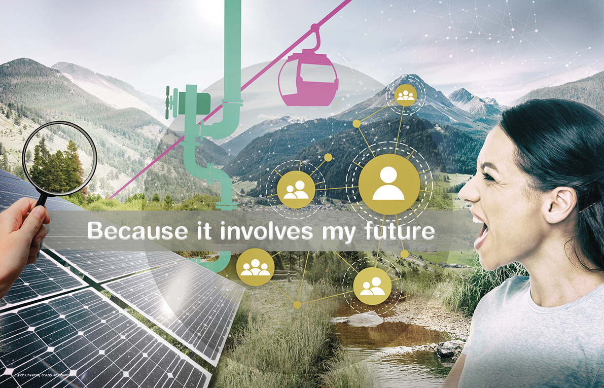 A woman says that it concerns her future. In the background you can see a solar plant, a hand with a magnifying glass, a cable car, pipes, Swiss mountain landscapes, fields and a network of people. 
