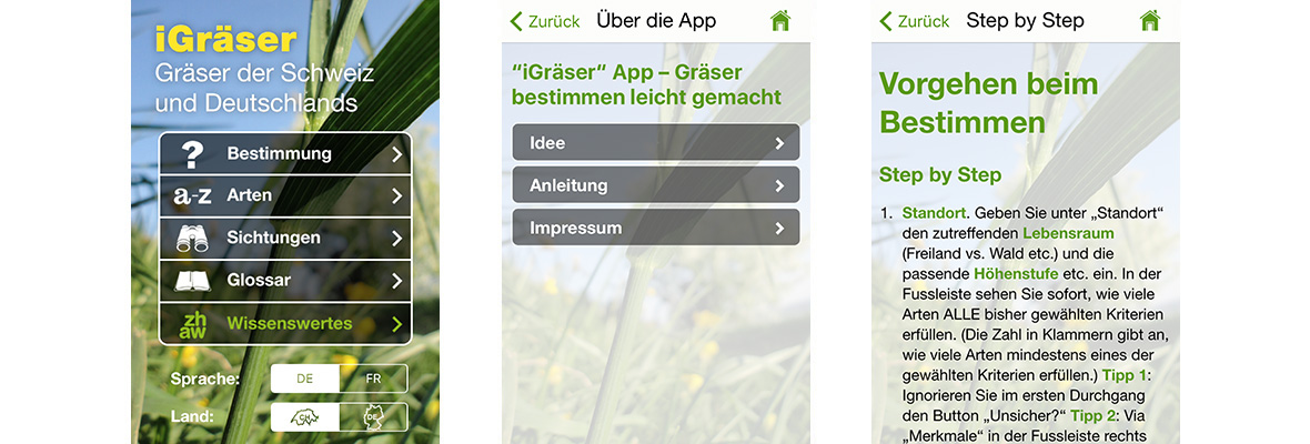 ZHAW App iGräser, Sreenshot versch. Bildschirme
