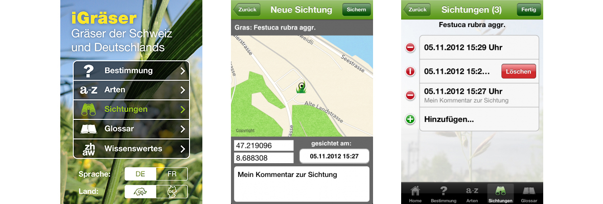 ZHAW App iGräser, Sreenshot Sichtungen