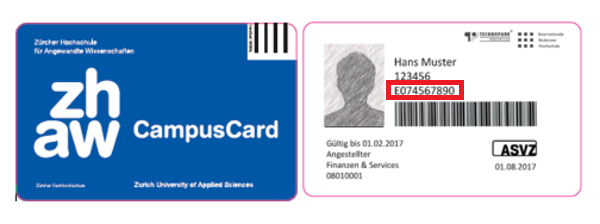 Ansichtsbeispiel einer CampusCard. Als Bibliotheksausweisnummer wird die Nummer direkt über dem Strichcode übernommen.
